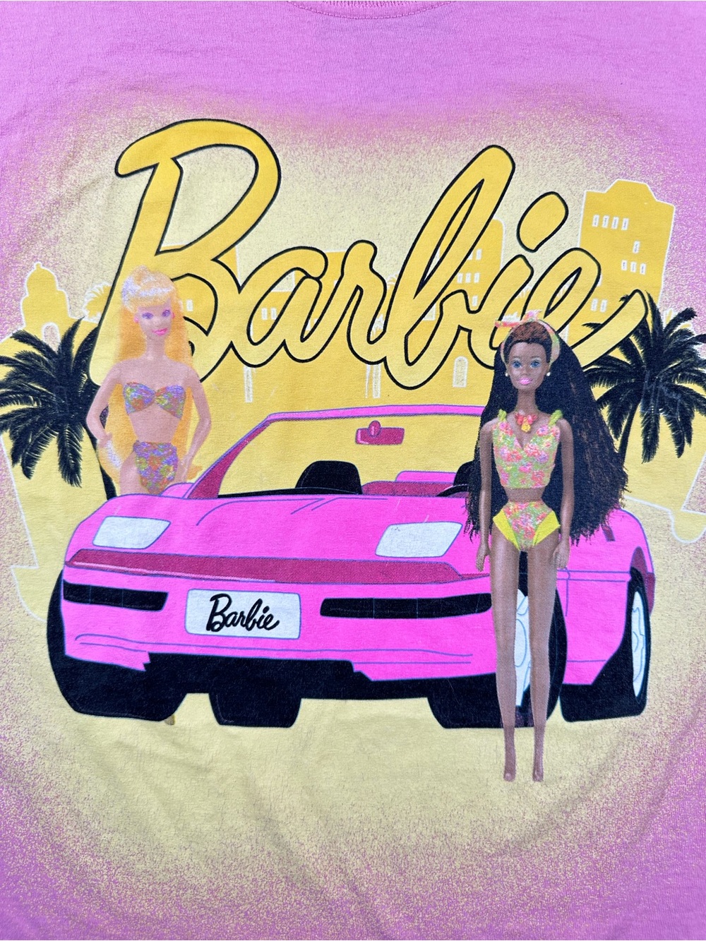 Barbie Pink Corvette Convertible Palm Trees Retro Graphic T-Shirt Medium